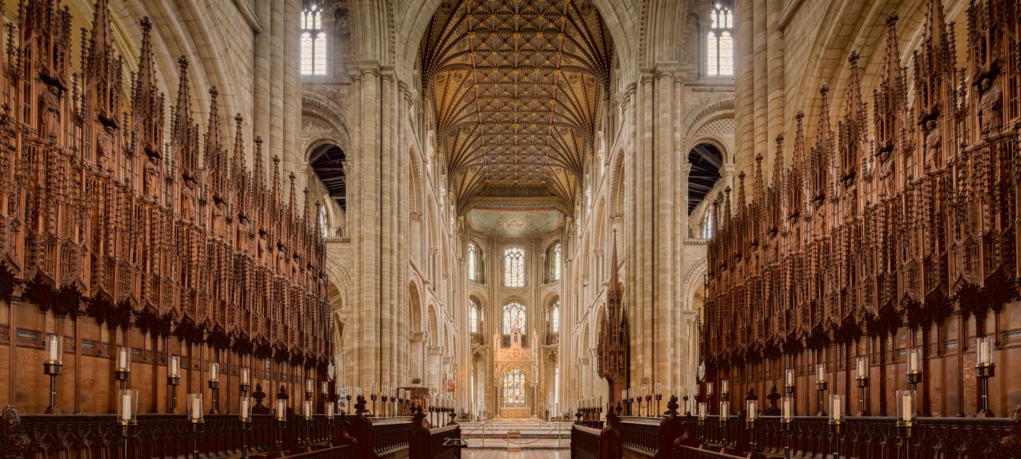 Carved wooden choir stalls in an English cathedral