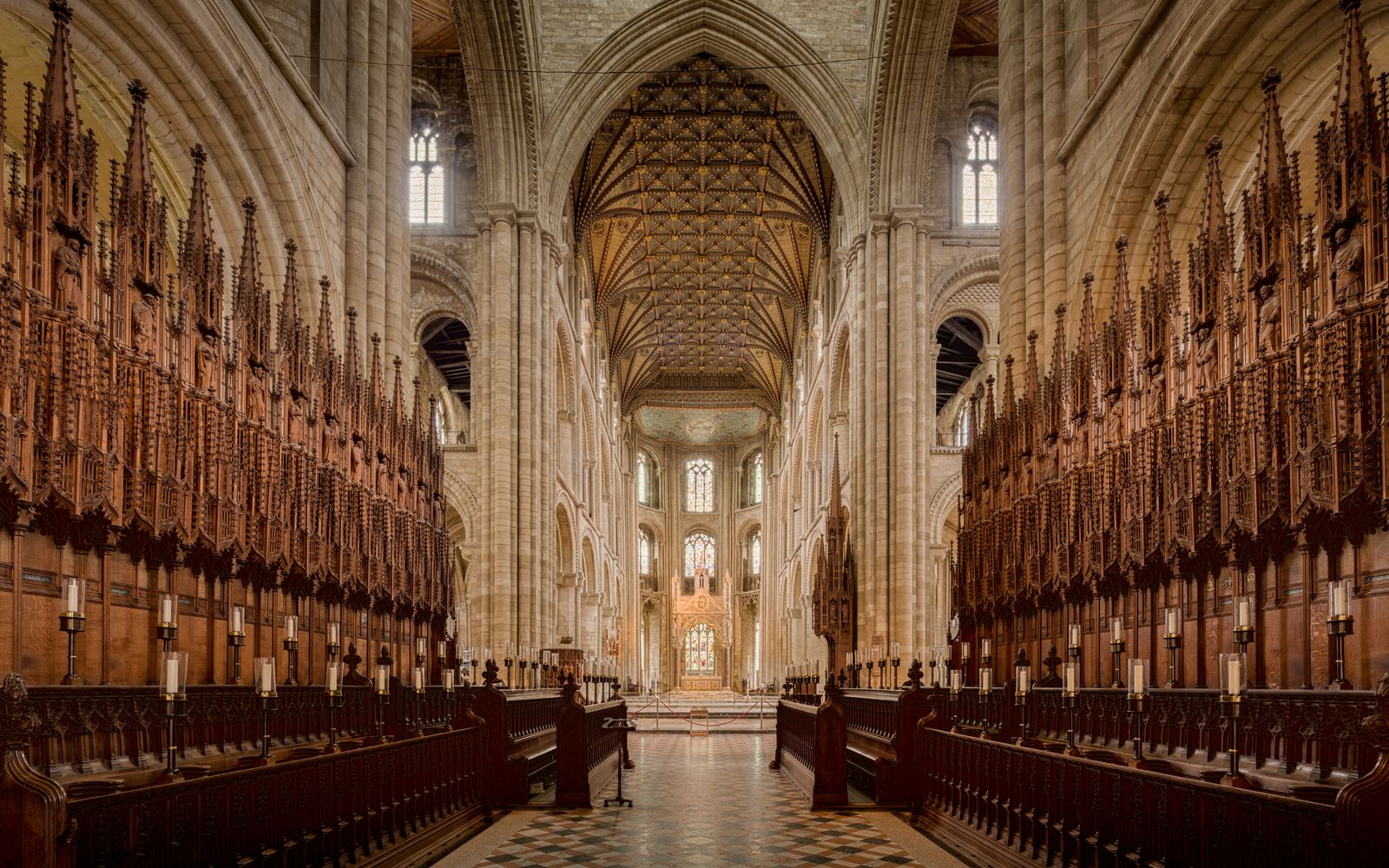 Carved wooden choir stalls in an English cathedral